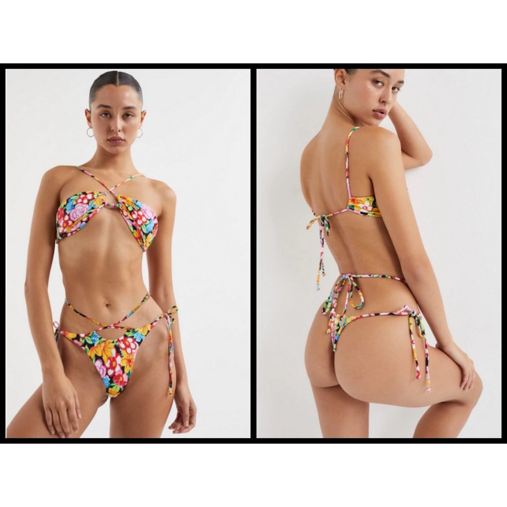 For Love And Lemons Multicolor Floral Tie-Strap Bikini in Yellow, Pink, Green